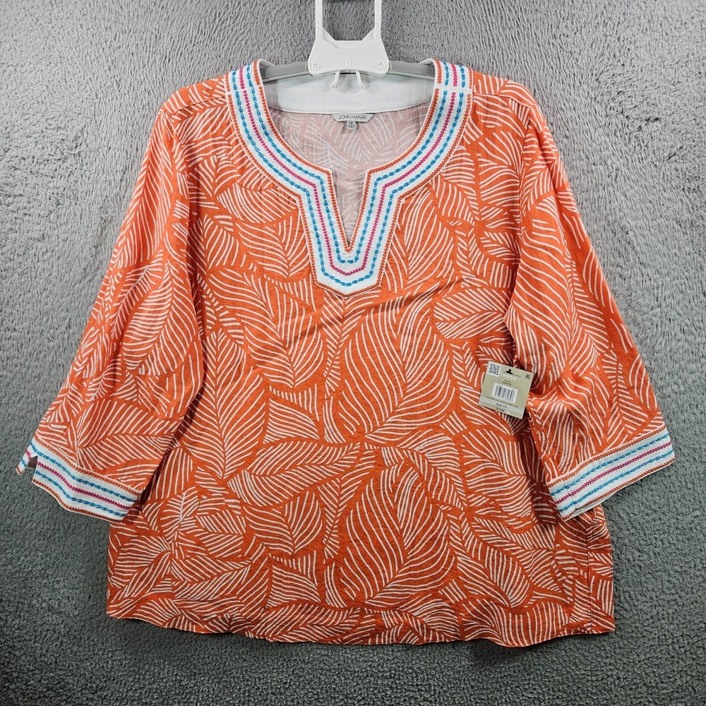 NEW John Mark Embroidered Top Blouse Women 1X Leaf Print White Orange